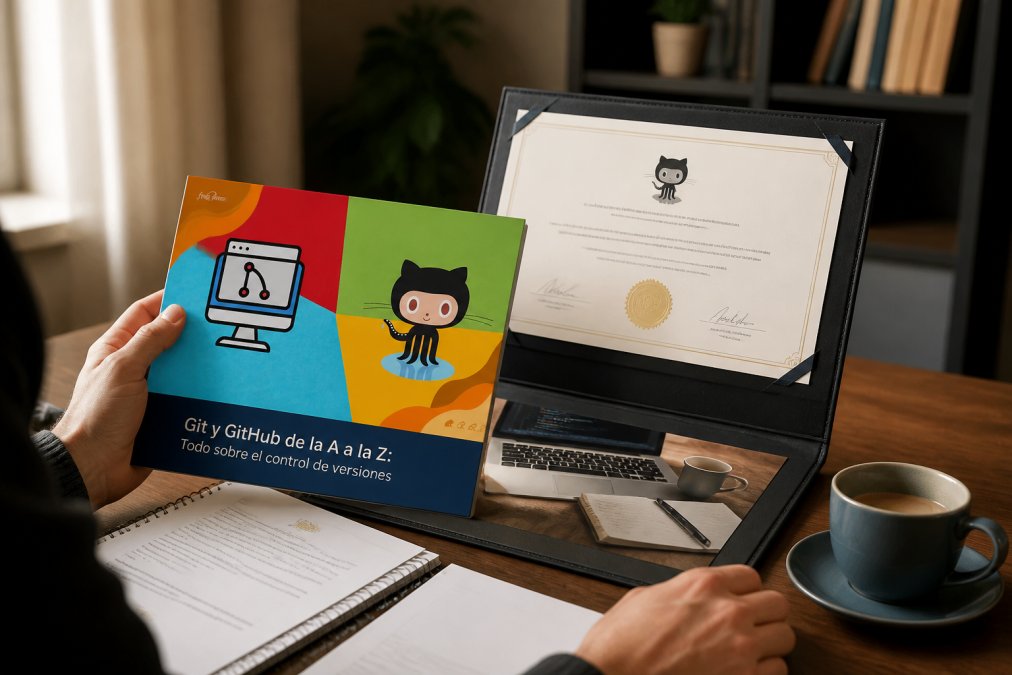 Manos de un desarrollador mostrando certificados digitales y un portafolio de proyectos en la pantalla del ordenador, con café y documentos sobre la mesa