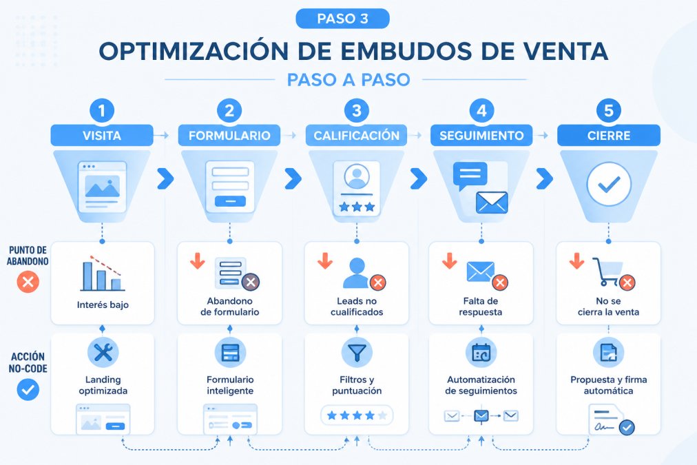 Flowchart del embudo de venta: visita, formulario, calificación, seguimiento y cierre, señalando en cada etapa los puntos de abandono más habituales y la acción no-code que lo reduce