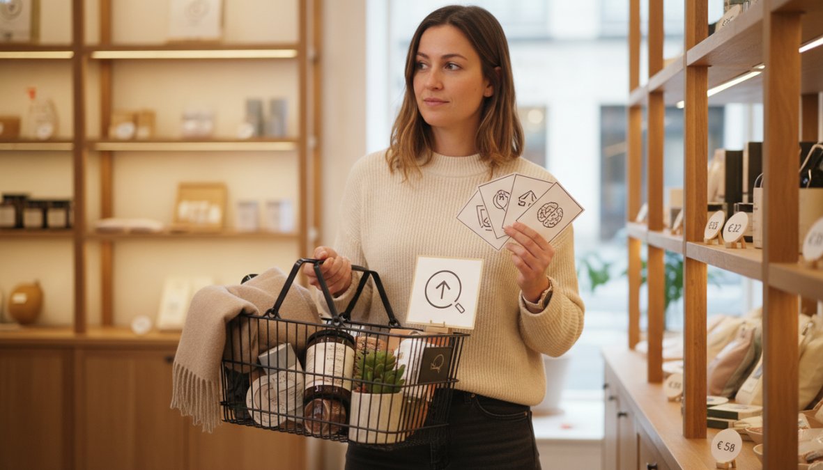 Persona navegando una tienda online en un portátil en casa, con expresión de concentración y confianza mientras lee reseñas de producto en pantalla, iluminación cálida de tarde