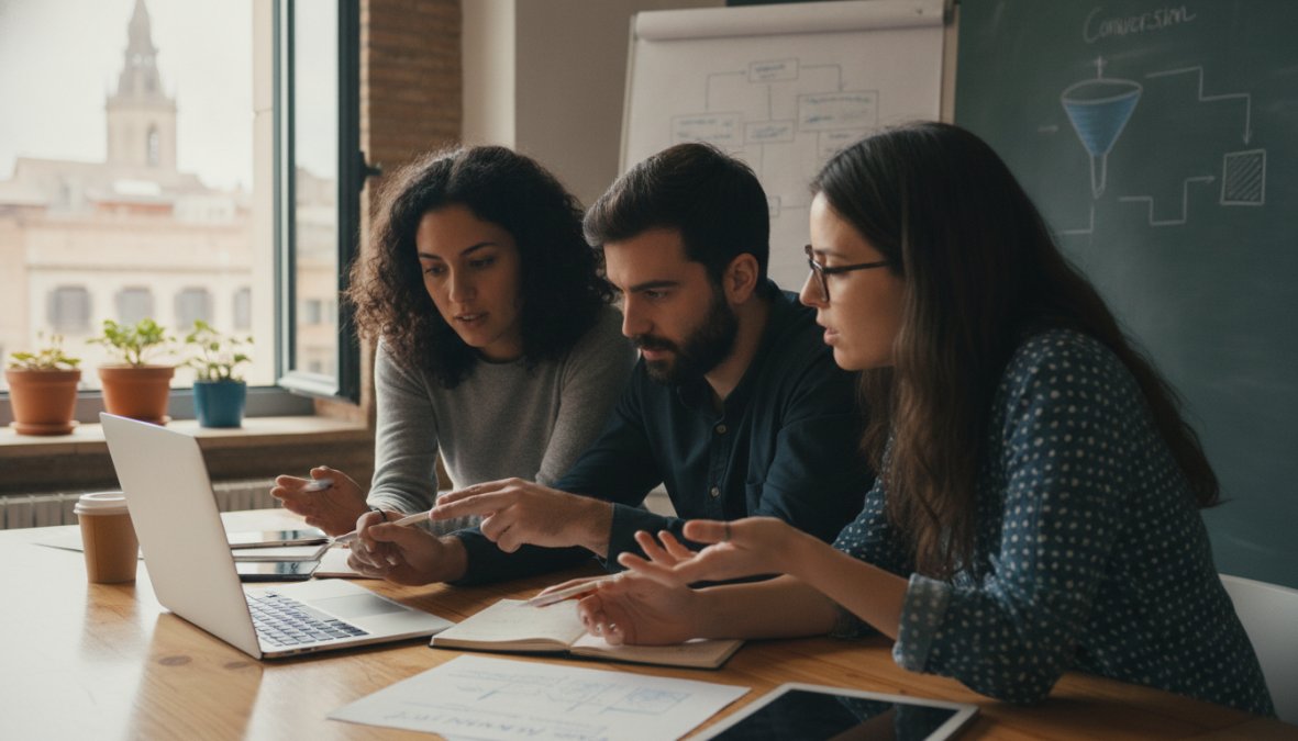 Equipo pequeño de especialistas en ecommerce colaborando alrededor de un portátil que muestra el panel de una tienda online, en un espacio de coworking luminoso con luz natural, ambiente de trabajo cercano y profesional