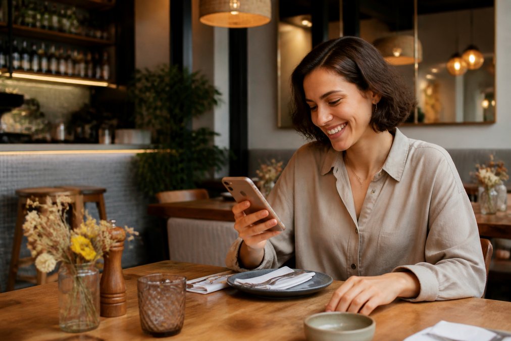 Interior de un restaurante moderno con iluminación cálida, mesas de madera bien decoradas y un cliente sonriendo mientras consulta su teléfono para ver el menú digital