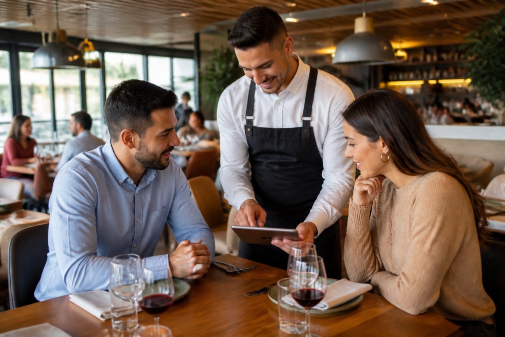 Un camarero sonriente mostrando una tablet con el menú digital a una pareja de comensales en un restaurante moderno y bien iluminado, con mesas ocupadas al fondo