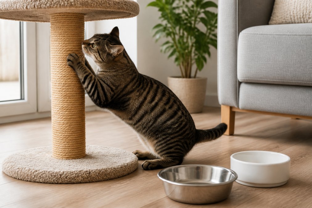 Close-up of a cat scratching a dense sisal post on a sturdy cat tree in a bright living room, with a stainless steel bowl and ceramic dish visible nearby