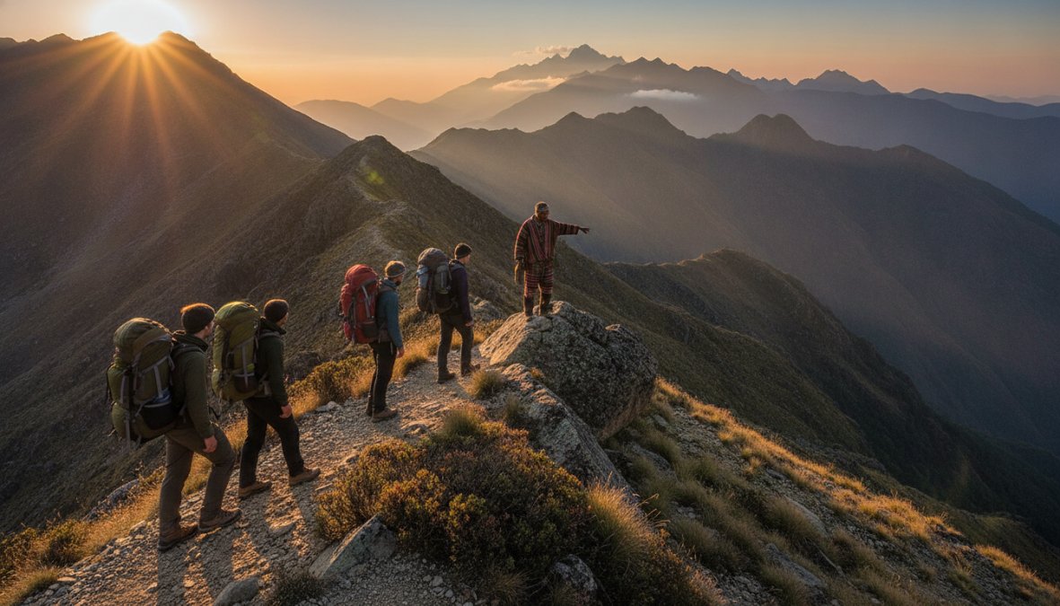 Un pequeño grupo de viajeros con mochilas técnicas camina por una cresta de montaña al atardecer, guiados por un experto local que señala el horizonte con el brazo extendido, bajo una luz dorada que ilumina el paisaje rocoso