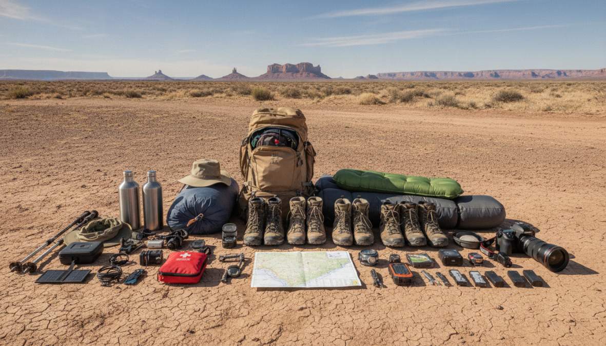 Vista cenital de equipo de aventura dispuesto sobre un suelo de madera: bastones de trekking, botas de montaña marrones con suela gruesa, botiquín de primeros auxilios rojo, mochila de hidratación azul, linterna frontal y chaqueta impermeable verde, todo ordenado sobre tablas de madera rústica con luz natural lateral