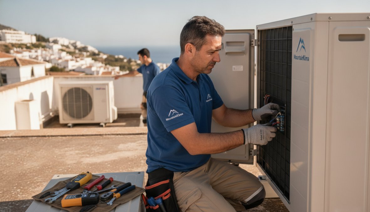 Técnico especializado instalando unidad exterior de aire acondicionado multisplit en azotea de local comercial, con herramientas profesionales y equipos de seguridad