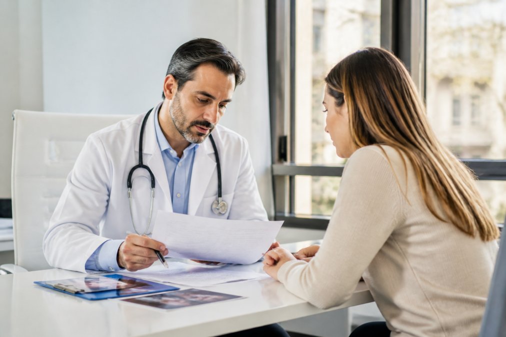 Un cirujano plástico con bata blanca y estetoscopio revisa documentación médica junto a una paciente en una consulta clínica moderna, bien iluminada con luz natural, ambos sentados frente a frente sobre una mesa con documentos