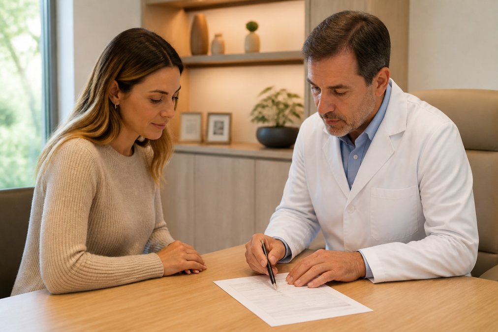 Una paciente sentada frente a un médico especialista en una consulta privada, ambos revisando juntos un documento sobre una mesa de madera clara, el médico señala un punto del formulario con un bolígrafo, ambiente clínico profesional con iluminación cálida