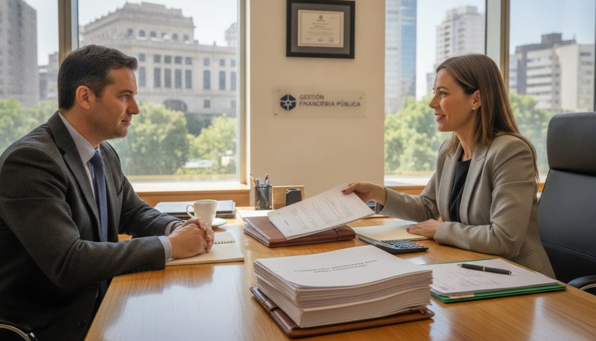 Asesor financiero revisando las mejores condiciones hipotecarias para funcionarios junto a un cliente en una oficina moderna