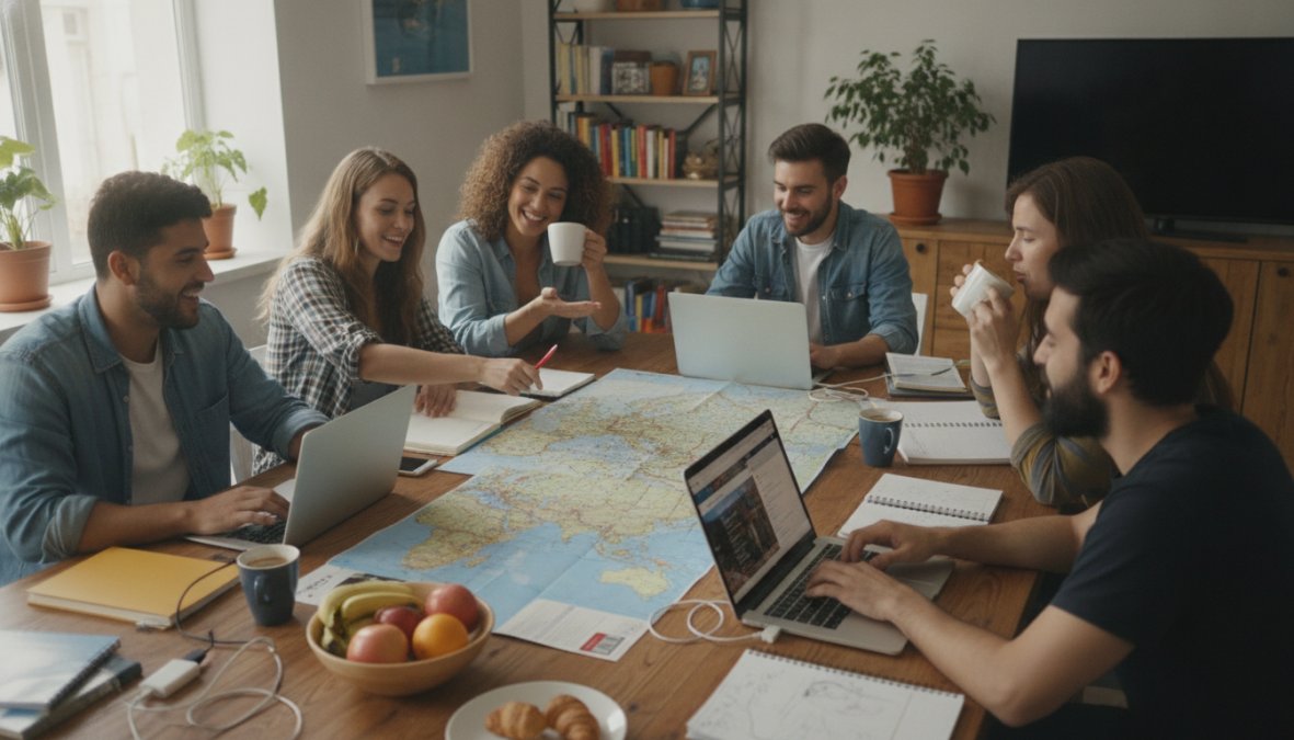 Mejores consejos para viajar en grupo sin estrés 3 Grupo de amigos jóvenes y diversos reunidos alrededor de una mesa amplia con mapas desplegados, laptops abiertos y libretas con anotaciones, señalando rutas con expresiones de entusiasmo bajo luz cálida de interior