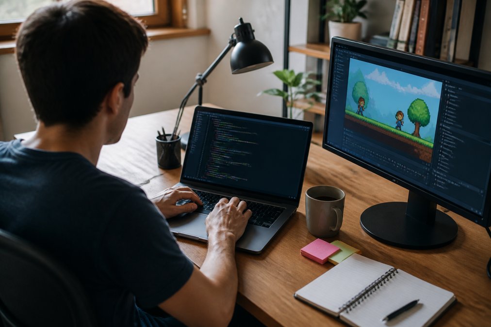 Estudiante joven trabajando en un proyecto de programación en su portátil, con dos pantallas mostrando código y un videojuego en desarrollo, en un escritorio ordenado con café y notas adhesivas
