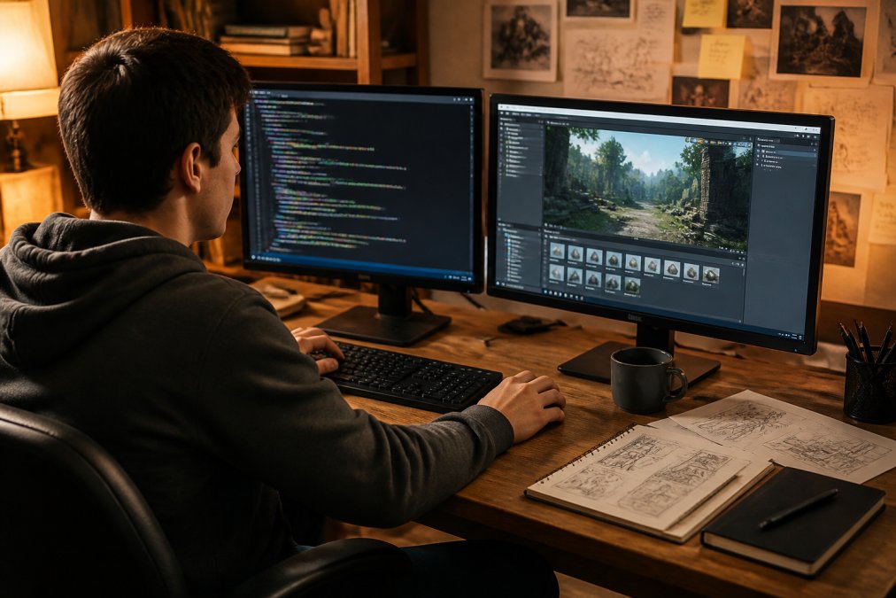 Persona joven sentada frente a un monitor de doble pantalla con código fuente en C# y la interfaz del motor Unity abierta, en un escritorio de estudio iluminado con luz cálida y cuadernos de bocetos al lado