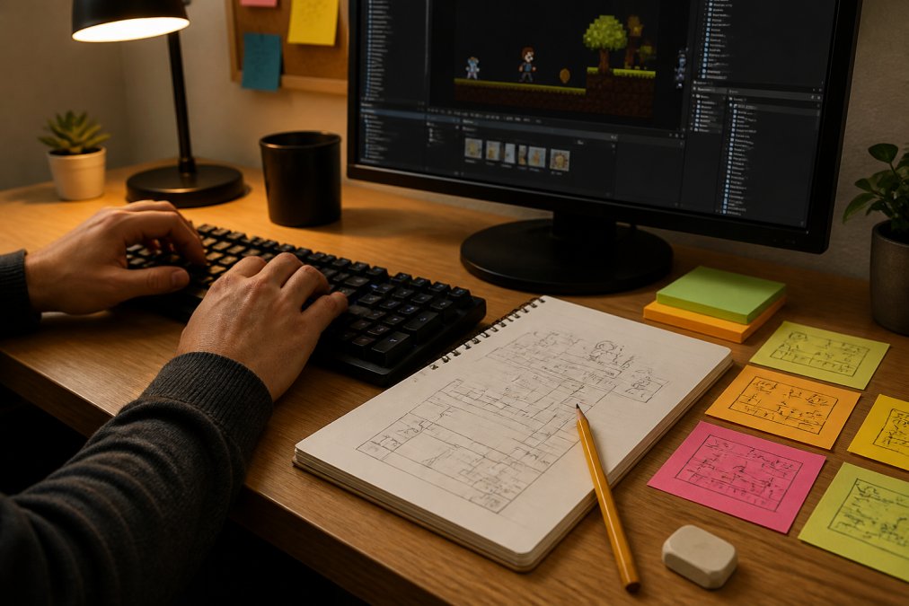 Manos sobre un teclado mecánico con una pantalla que muestra un proyecto de videojuego 2D en desarrollo en Unity, cuaderno con bocetos de diseño de niveles y post-its de mecánicas de gameplay al lado, iluminación de escritorio cálida