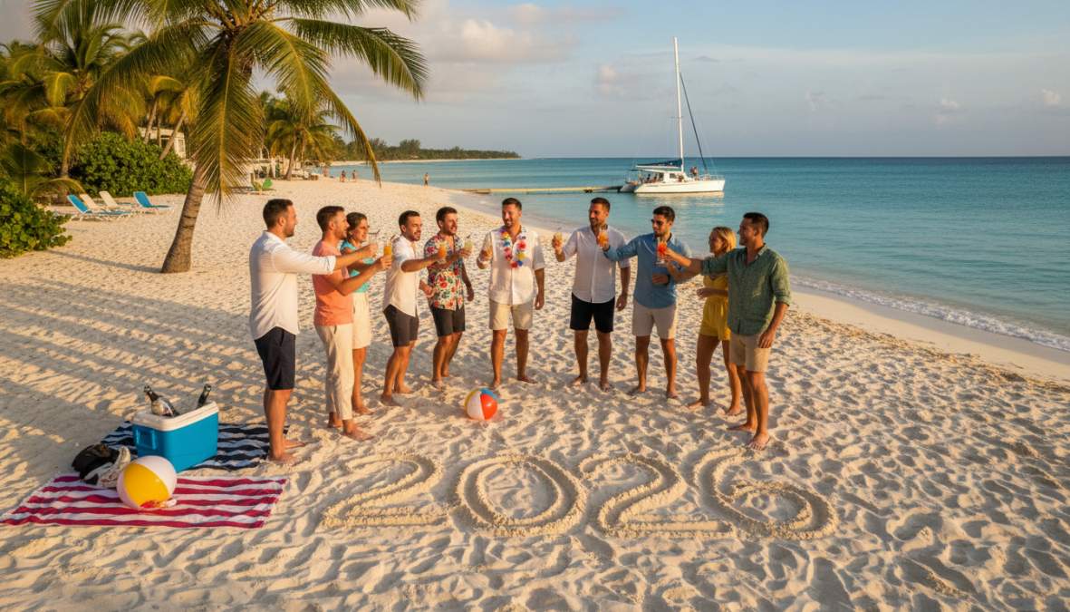 Grupo de amigos celebrando en la cubierta de un catamarán en aguas turquesas del Caribe, levantando copas bajo el sol de mediodía con el horizonte azul al fondo