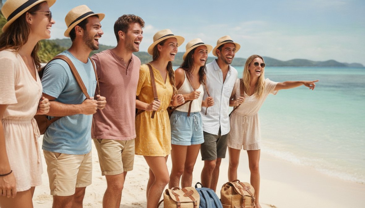 Mejores destinos para grupos de amigos en 2026 3 Grupo de amigos jóvenes y diversos riendo y posando en una playa tropical de aguas turquesas, con mochilas coloridas apoyadas en la arena y palmeras al fondo bajo luz solar intensa