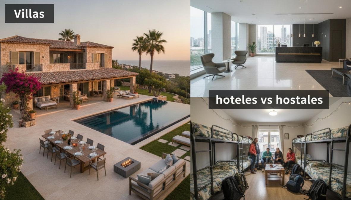 Mejores destinos para grupos de amigos en 2026 4 Interior luminoso de una villa mediterránea con piscina privada al fondo, donde un grupo de amigos adultos comparte una cena al aire libre en una terraza de piedra con velas y copas de vino