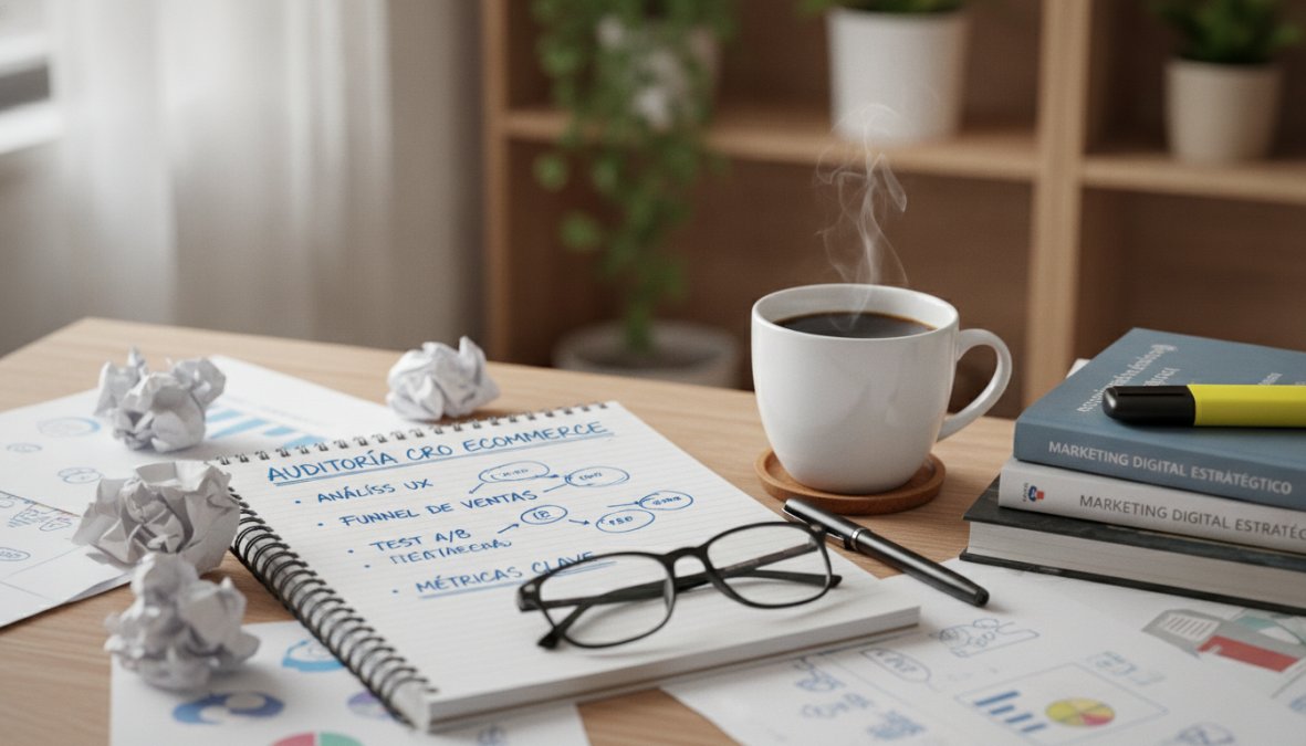 Profesional de marketing revisando paneles de analítica de ecommerce en un gran monitor curvo en una oficina moderna de Barcelona, con notas manuscritas en un bloc y una taza de café en el escritorio, iluminación ambiental cálida