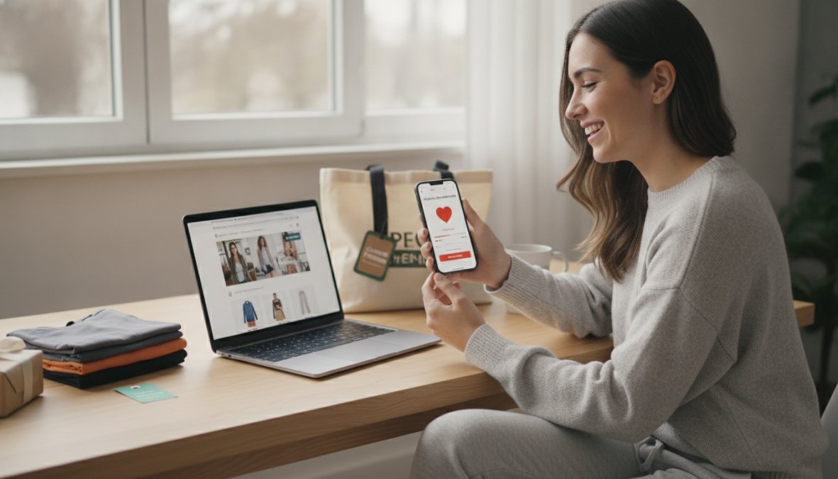Mujer sonriente de unos 30 años sosteniendo un smartphone que muestra una app de programa de fidelización con el saldo de puntos visible, sentada en un escritorio luminoso en casa con un portátil que muestra una tienda de moda online, luz natural de ventana desde la izquierda