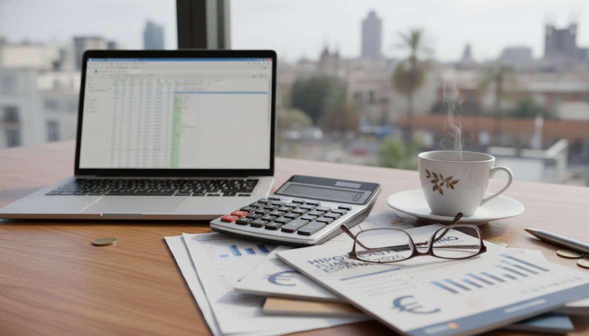 Persona revisando documentos de mejores hipotecas fijas España en su escritorio con un portátil, calculadora y café.