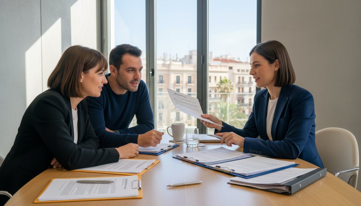 Asesor financiero revisando documentos con una pareja para contratar las mejores hipotecas fijas España en una oficina.
