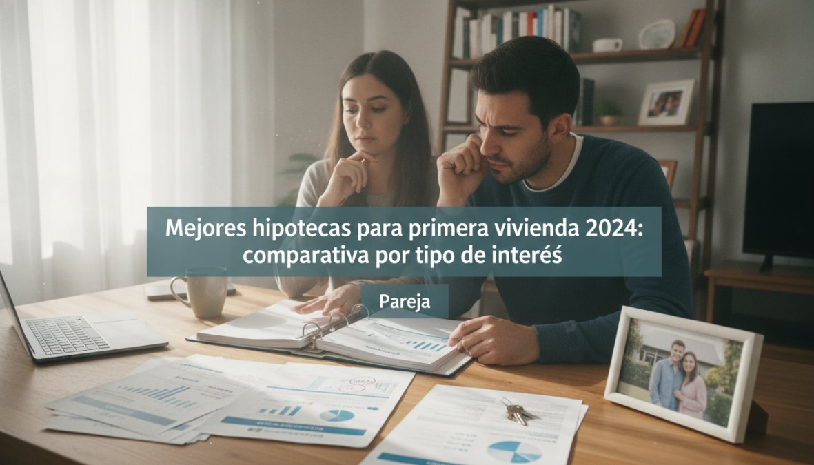 Pareja joven sentada frente a un asesor financiero en una oficina moderna y luminosa, revisando documentos de hipoteca sobre una mesa de madera clara con luz natural entrando por ventanales