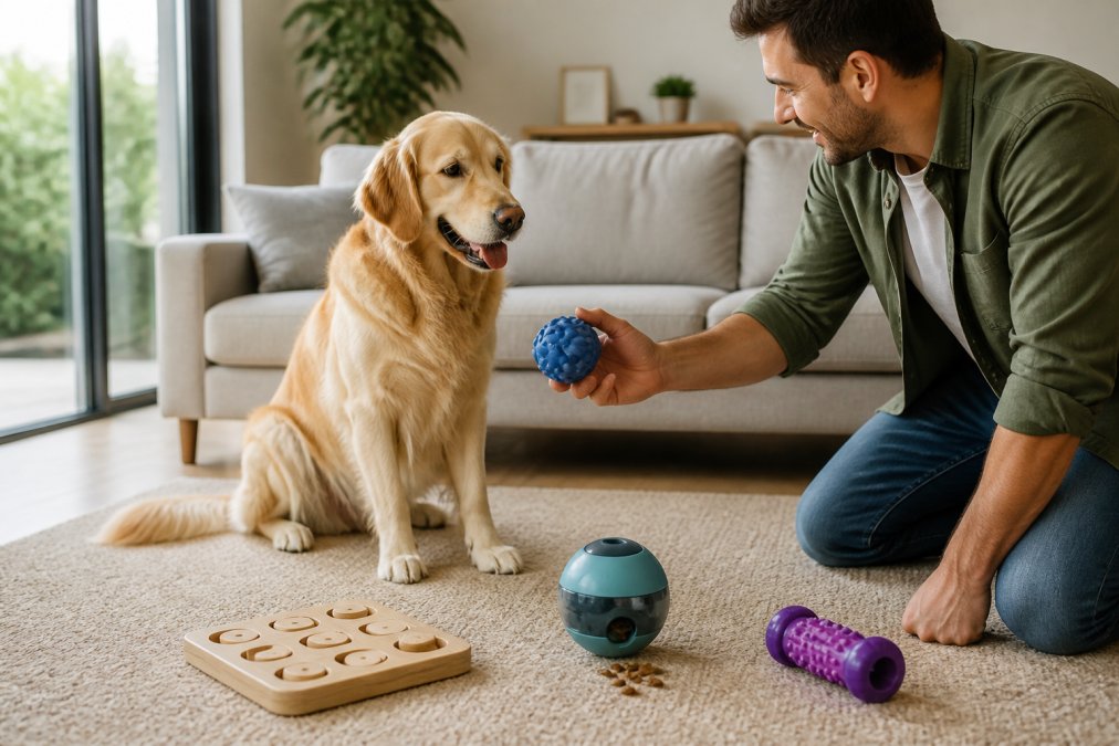 Un perro golden retriever sentado en una sala de estar moderna y luminosa, rodeado de tres juguetes interactivos diferentes: un rompecabezas de madera, una bola dispensadora de premios y un juguete de goma resistente. El dueño, arrodillado, acerca uno de los juguetes al perro con luz natural entrando por la ventana