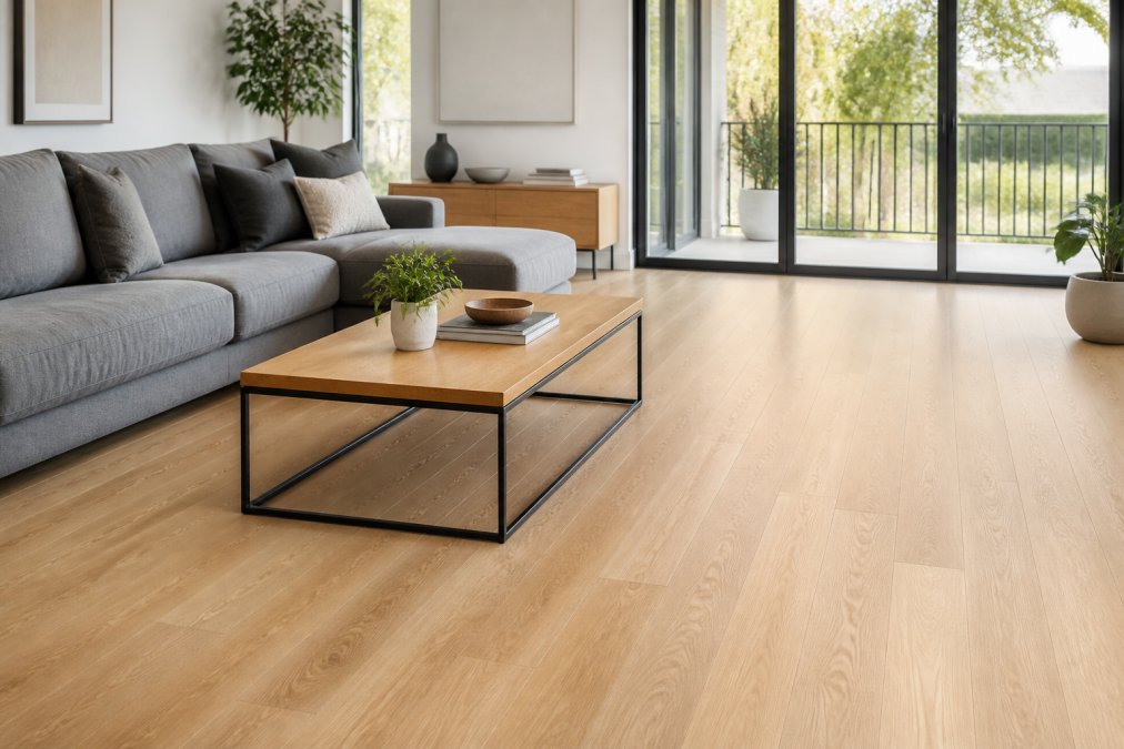 Sala de estar moderna con pisos laminados 2026 color roble claro, sofá gris y luz natural entrando por el ventanal