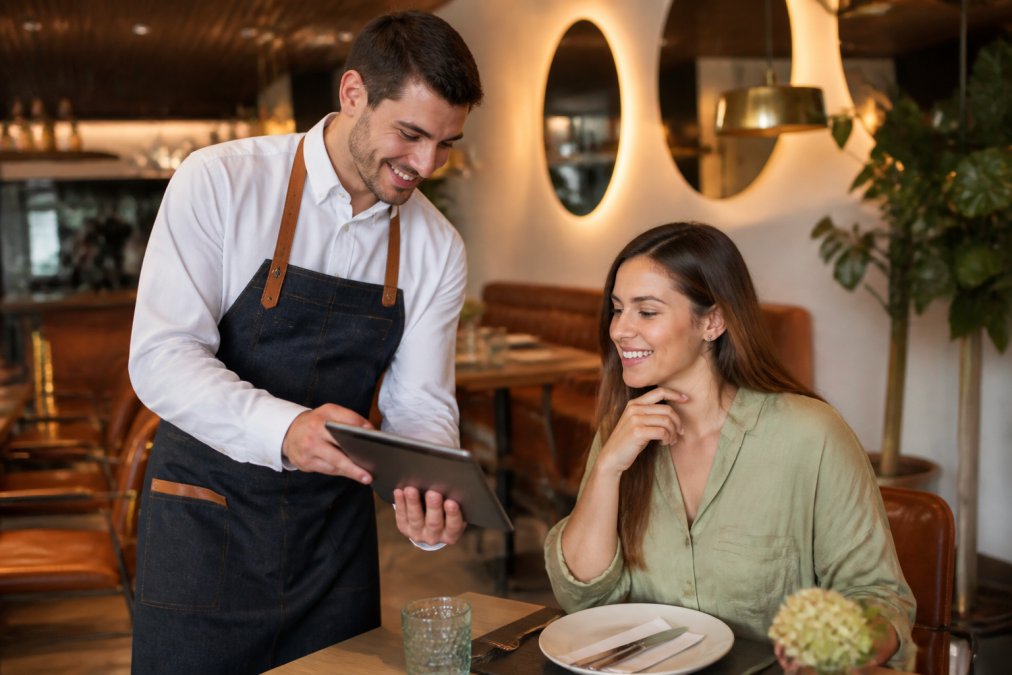 Camarero mostrando menús digitales optimizados móviles en una tablet a un cliente en un restaurante acogedor.