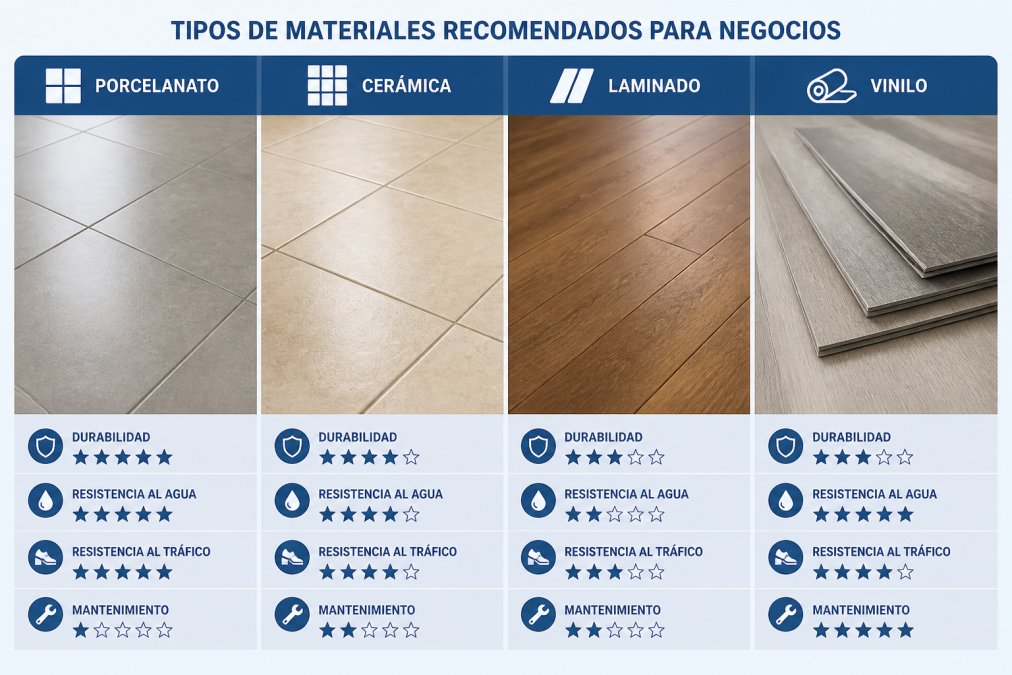 Infografía comparativa de materiales para pisos para locales comerciales con muestras de porcelanato, cerámica y vinilo.