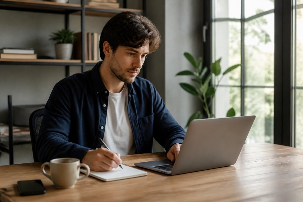 Profesional analizando métricas de calificación de leads en laptop con gráficos visibles, sentado en escritorio limpio con café y libreta, luz de ventana natural