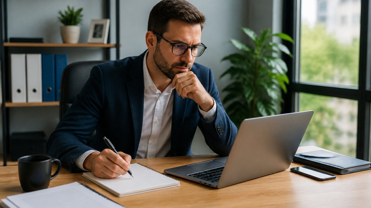 Profesional de ventas usando un CRM para gestionar base de datos de clientes en una oficina moderna.