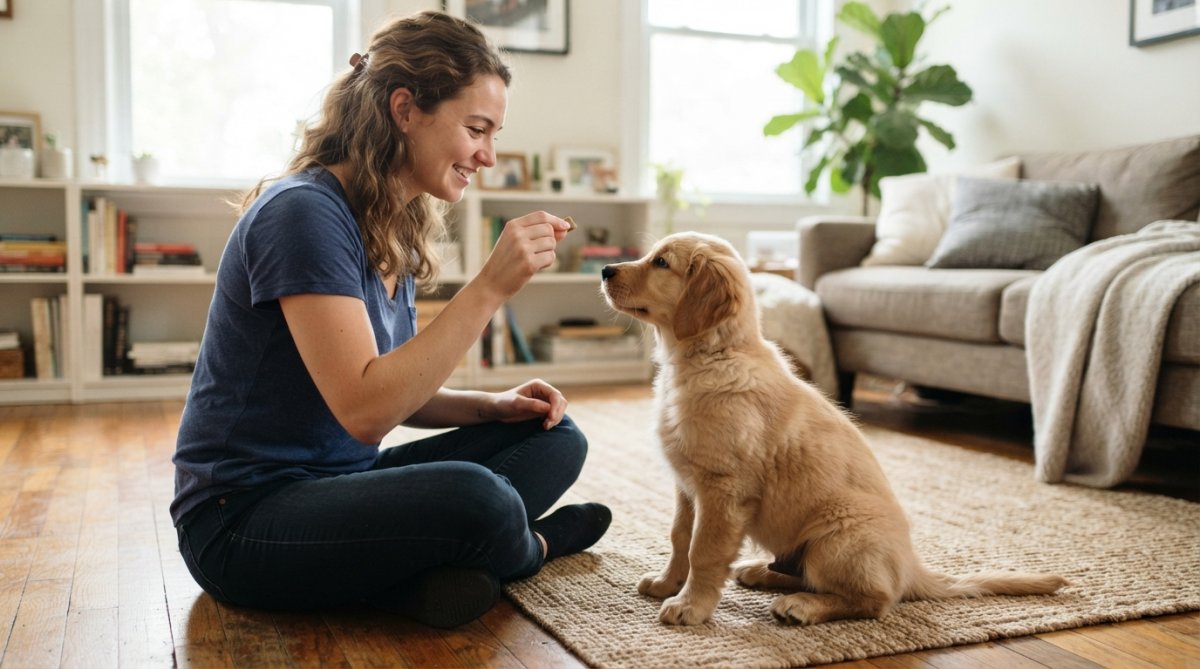 A young woman sitting on the floor of a bright living room, holding a small treat with her fingers in front of a seated golden retriever puppy who is watching her intently waiting for the command