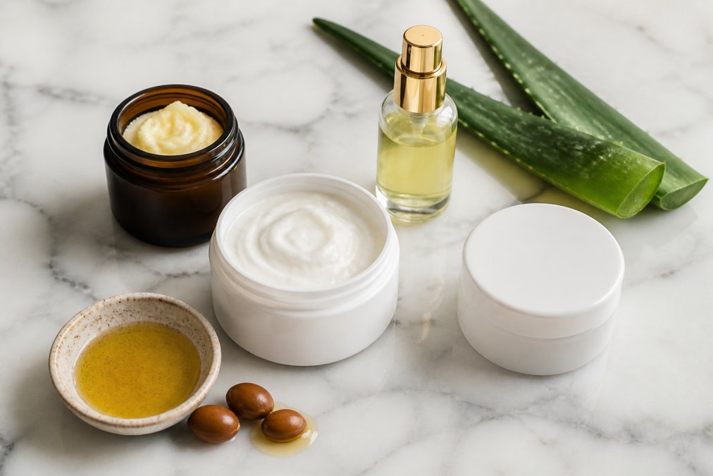 Flat lay de varios botes y frascos de productos capilares sobre una superficie de mármol blanco, junto a una rama de aloe vera y un pequeño cuenco con aceite de argán dorado