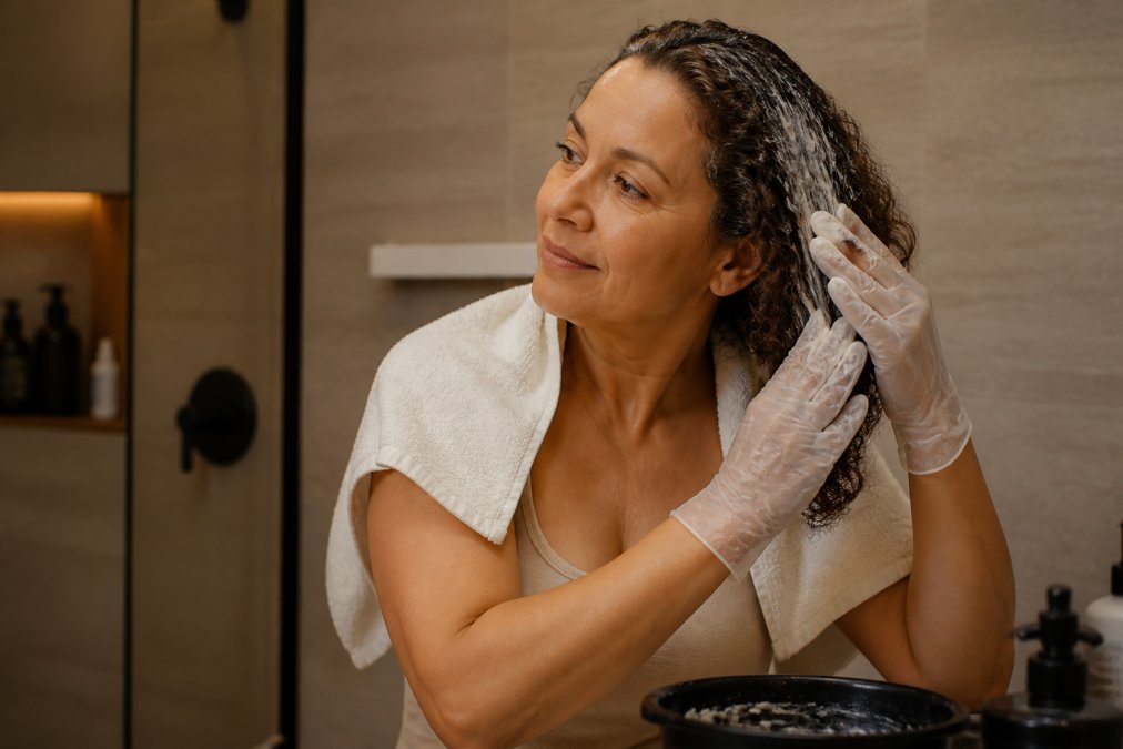 Mujer de mediana edad con cabello rizado aplicando una mascarilla capilar cremosa en el baño, con toalla en los hombros, bajo la luz cálida del espejo, con expresión relajada y cuidadosa