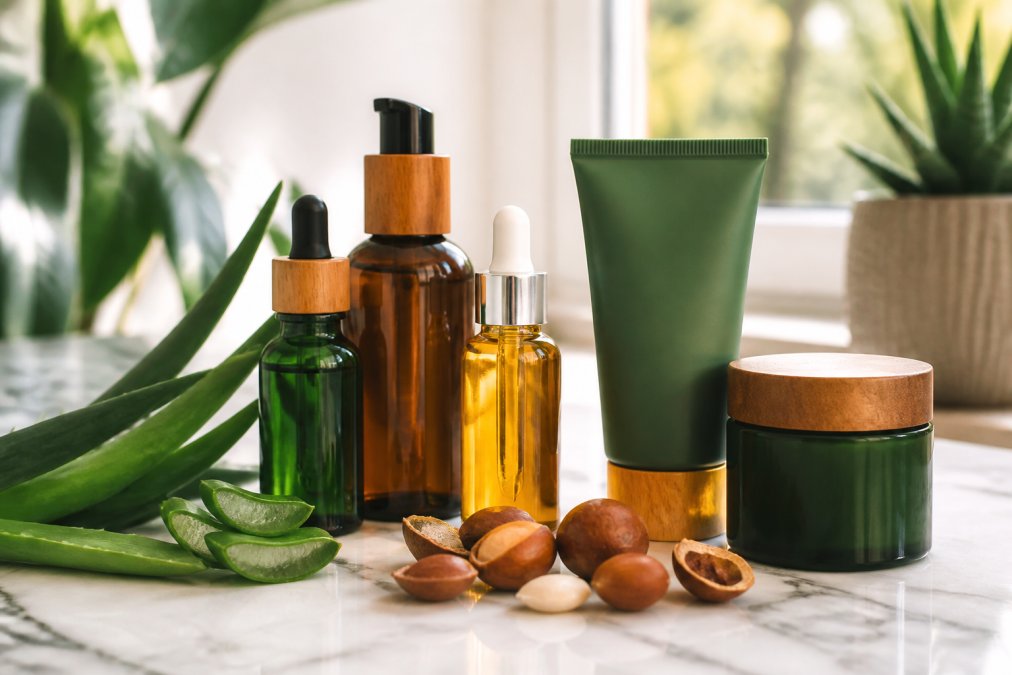 Botellas de los mejores tratamientos veganos para puntas abiertas sobre mármol blanco con aloe vera y nueces de argán.