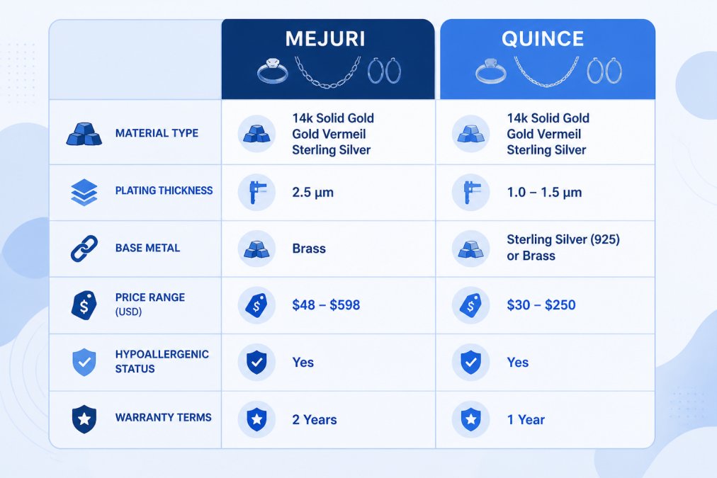 Comparison matrix of Mejuri vs Quince across material type (14k solid gold, gold vermeil, sterling silver), plating thickness, base metal, price range, hypoallergenic status, and warranty terms