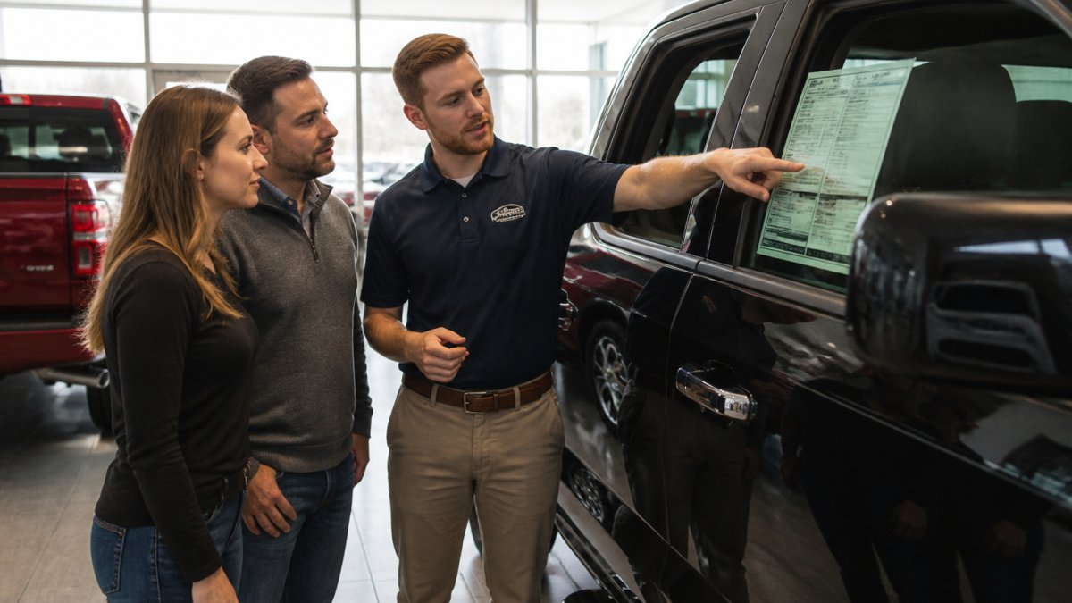 A couple standing in a Ford dealership showroom, looking at a new F-150 truck while a salesperson points to features on the window sticker