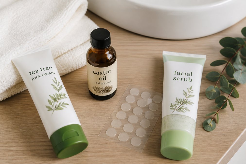 Flat lay on a light wood bathroom counter showing a tea tree foot cream tube, a small amber bottle of castor oil, a sheet of clear hydrocolloid pimple patches, and a facial scrub tube, with a folded cotton towel and a sprig of eucalyptus nearby