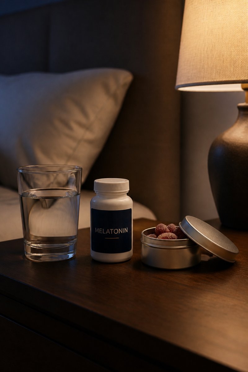A bedside table at night with a glass of water, a melatonin bottle, and a small tin of THC gummies, soft lamp light