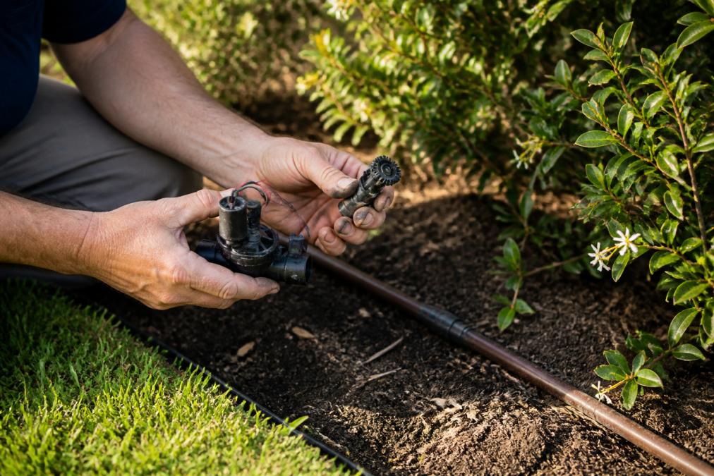 Technician's hands examining a solenoid valve and sprinkler nozzle in a garden bed with irrigation pipe visible, afternoon sunlight on the work area