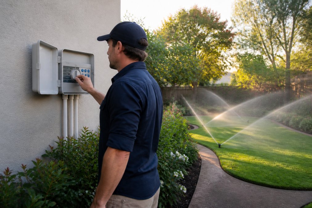 Homeowner standing in garden checking an irrigation controller panel mounted on house wall, with reticulation zones visible in the background during morning light