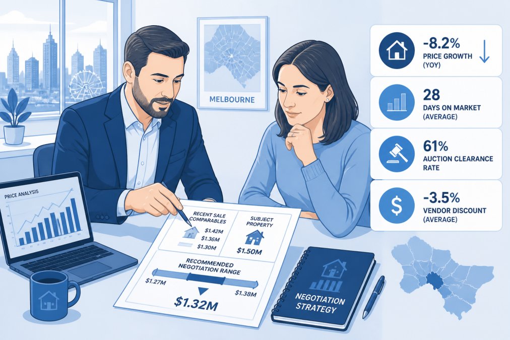A professional buyer advocate and client sitting at a table reviewing property documents and a laptop together in a bright modern Melbourne office, the advocate pointing to figures on a printed report