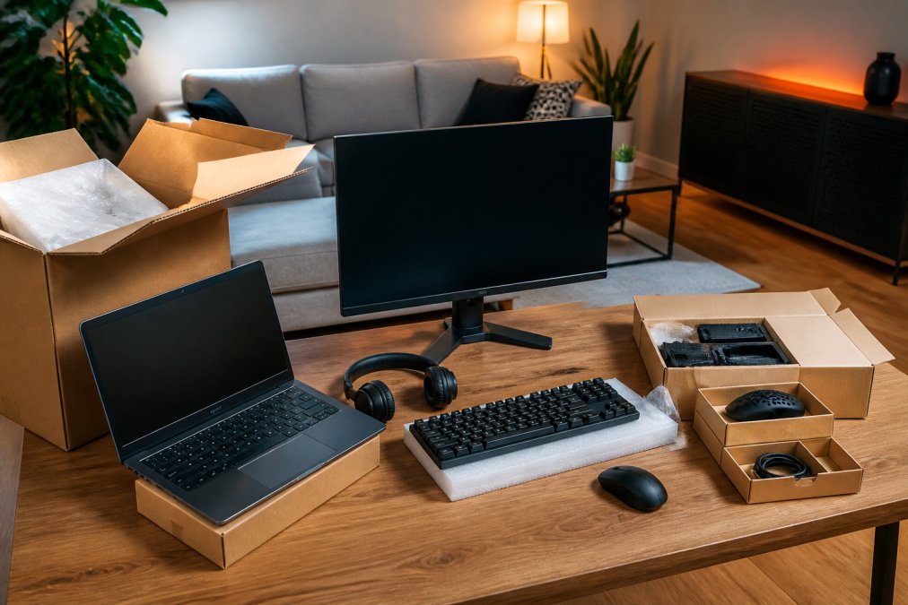 Secretária gaming moderna com portátil Lenovo LOQ e periféricos, um dos melhores computadores gaming para iniciantes 2026.