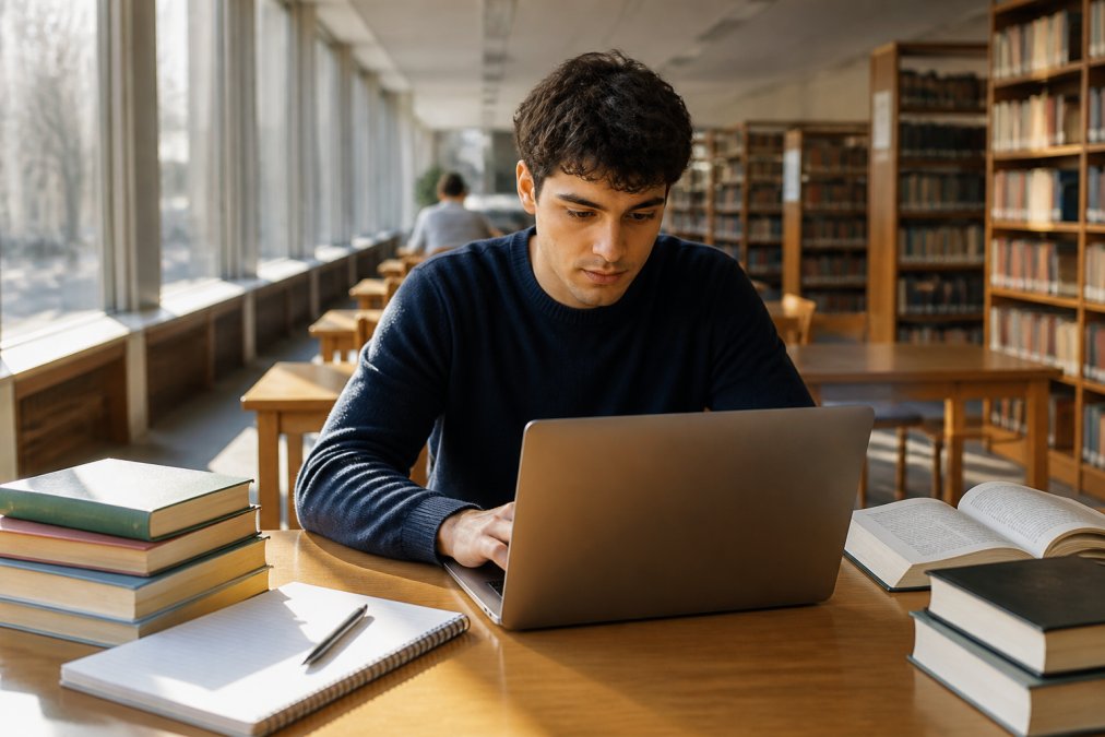 Estudante universitário usa um dos melhores portáteis para estudantes numa biblioteca iluminada com livros ao lado.