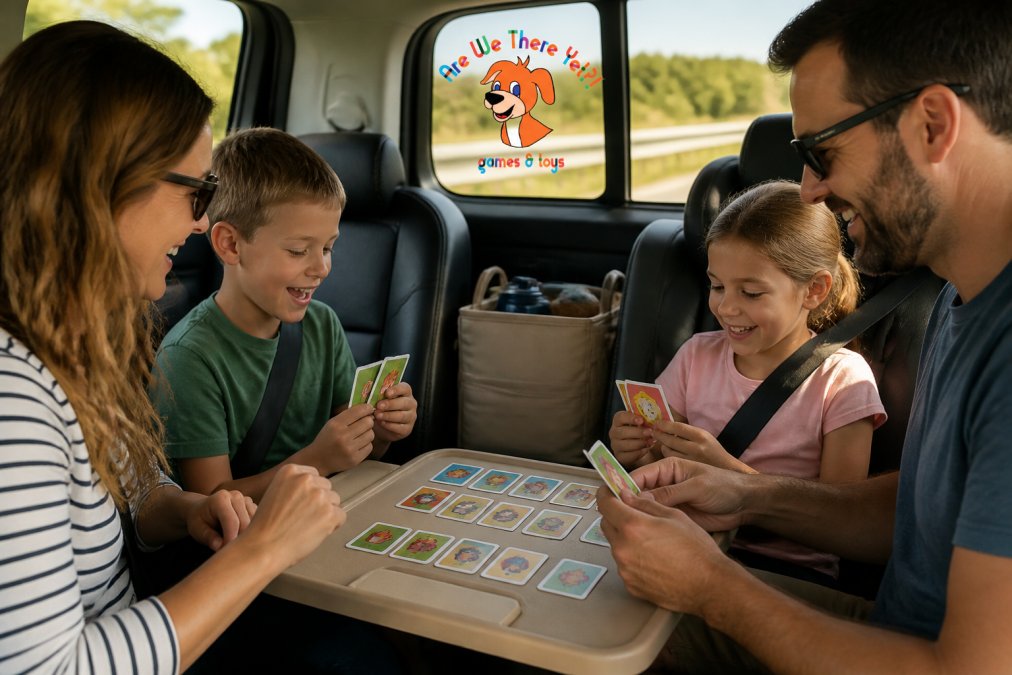 Family of four sitting in a car with children playing card games on a lap tray, games spread across the tray with children smiling and engaged, natural daylight streaming through windows