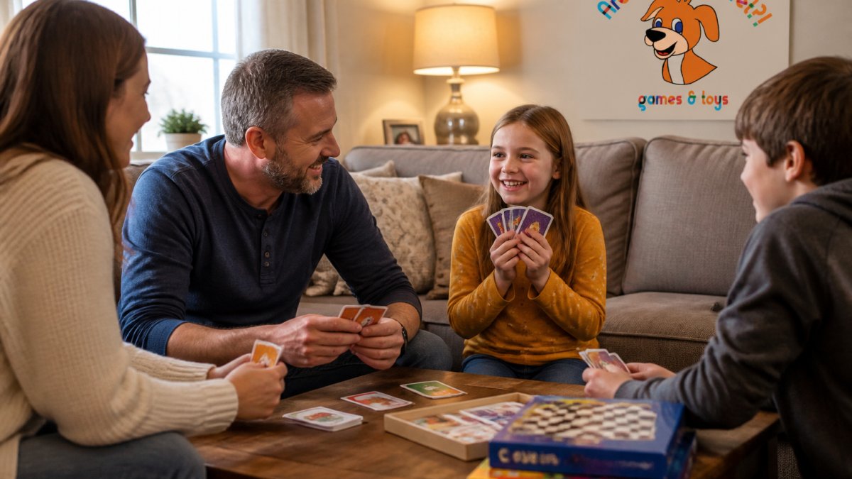 A family sitting around a coffee table playing a card game together, with a young child smiling and holding cards, warm living room lighting, board game boxes visible nearby