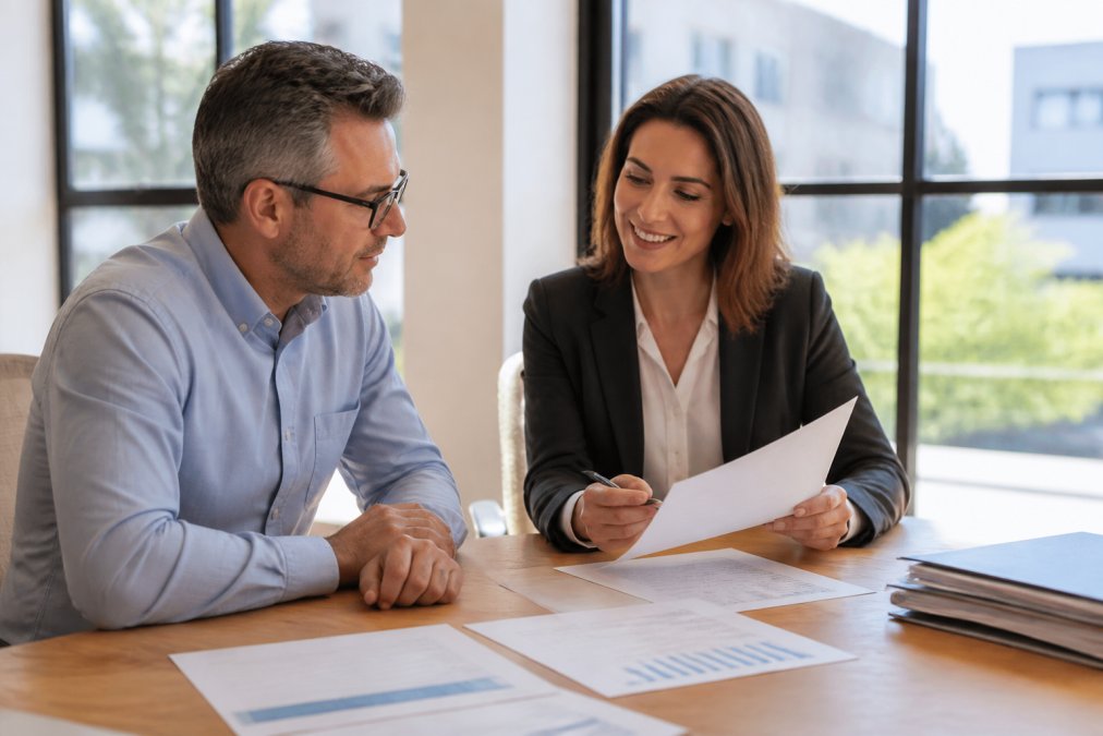 A small business owner sitting across a desk from a professional accountant, reviewing printed financial statements together in a bright, modern office with large windows and natural afternoon light