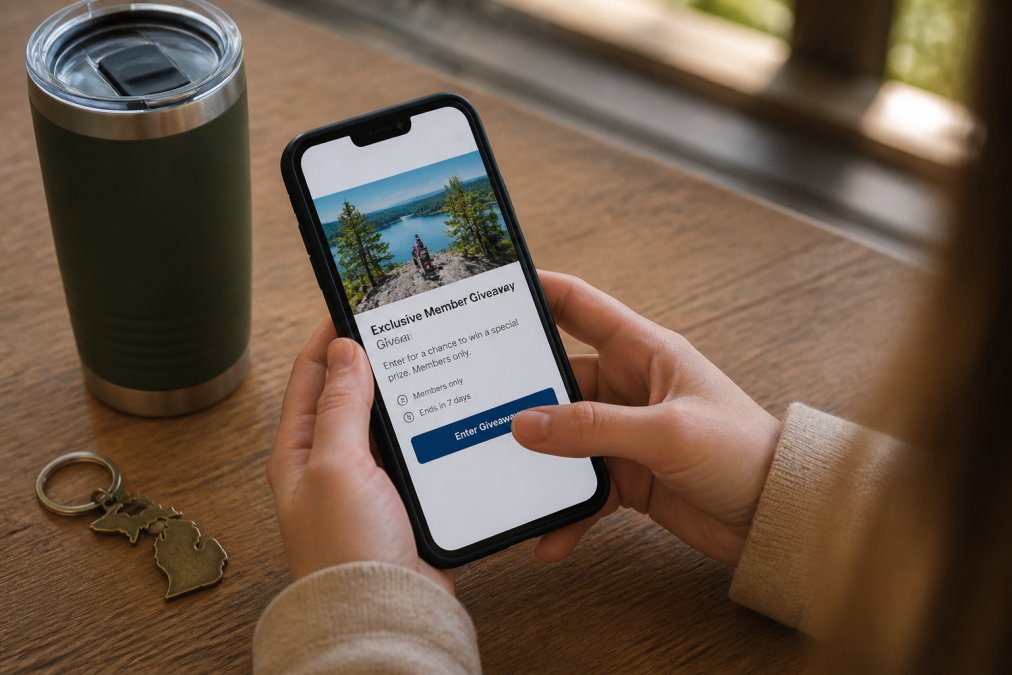 Steps to enter member-only giveaways shown on a smartphone screen beside a Michigan travel mug and keychain on a table.