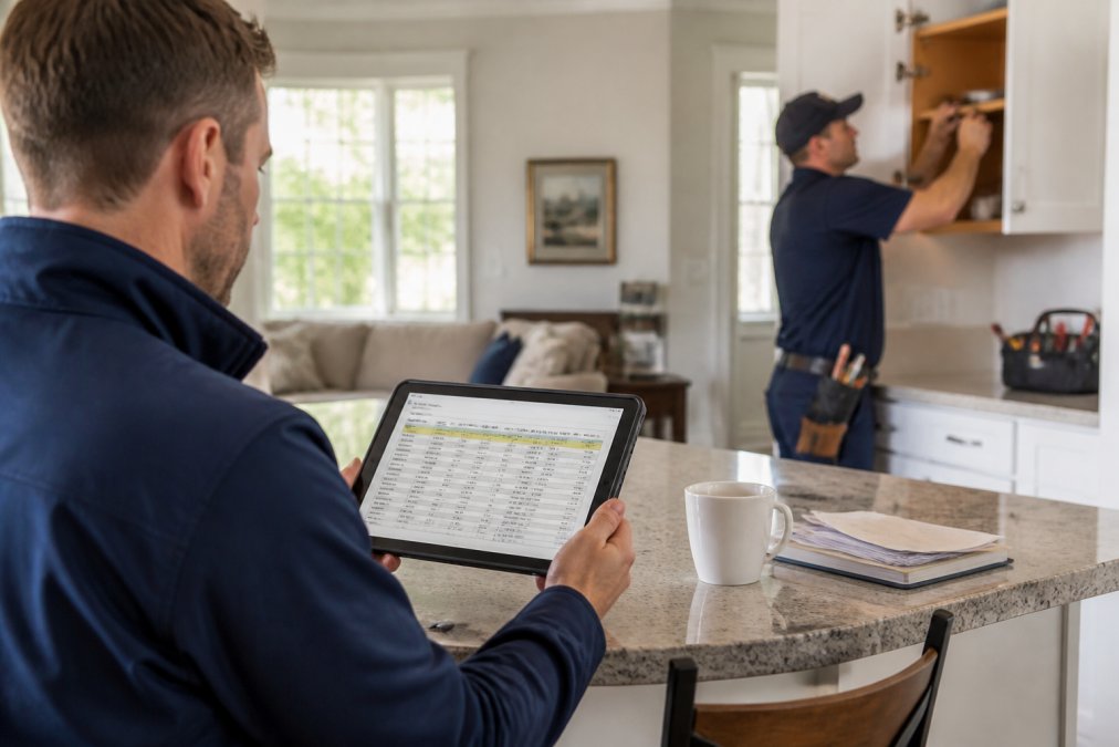 Spreadsheet comparing membership vs hourly costs for home repairs with a handyman working in the background