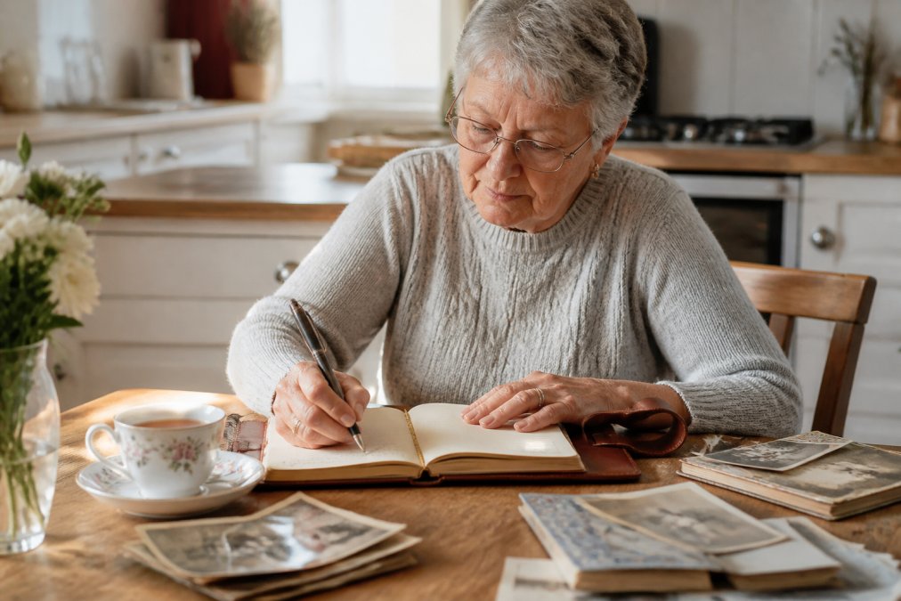 A senior woman in her 70s sitting at a bright kitchen table, writing in a leather-bound journal with a cup of tea nearby and a stack of old family photographs beside her